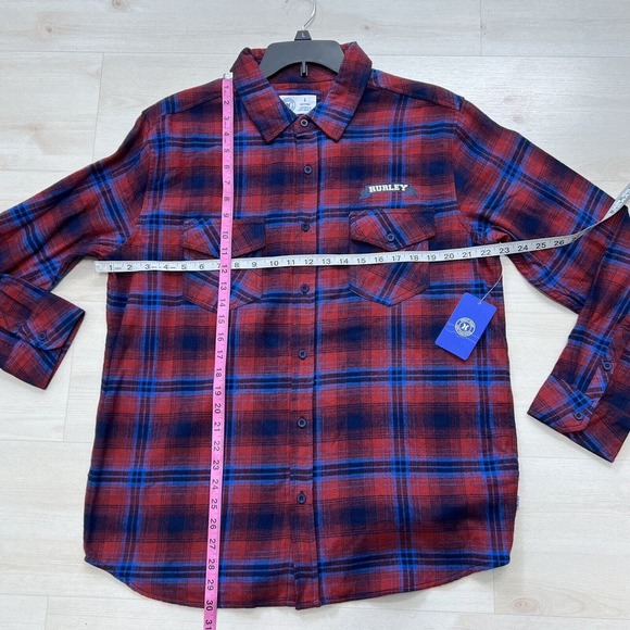 Hurley Shirt Mens LARGE Red & Blue Plaid Flannel Button Up Front Pockets Logo - Picture 12 of 15